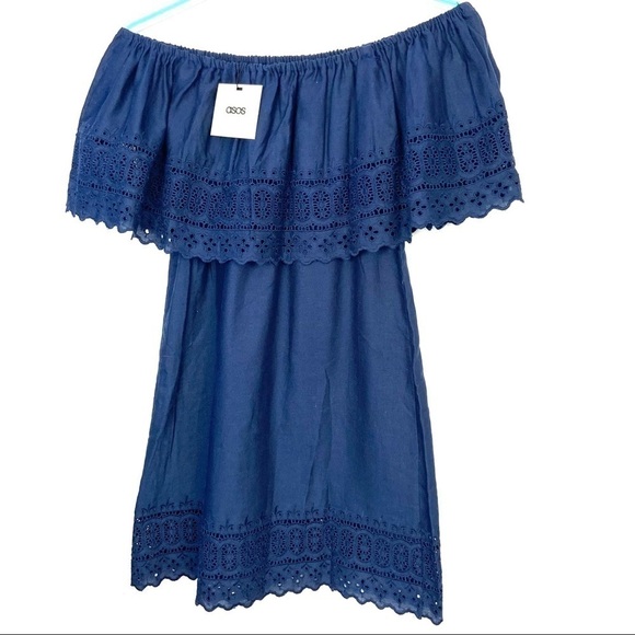 ASOS Navy Eyelet Off Shoulder Cotton/Linen Dress - Picture 4 of 7